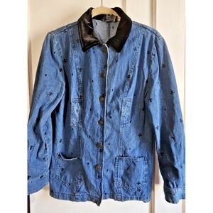 Vintage PG collections velvet collar embroidery allover denim jacket woman Sz 10